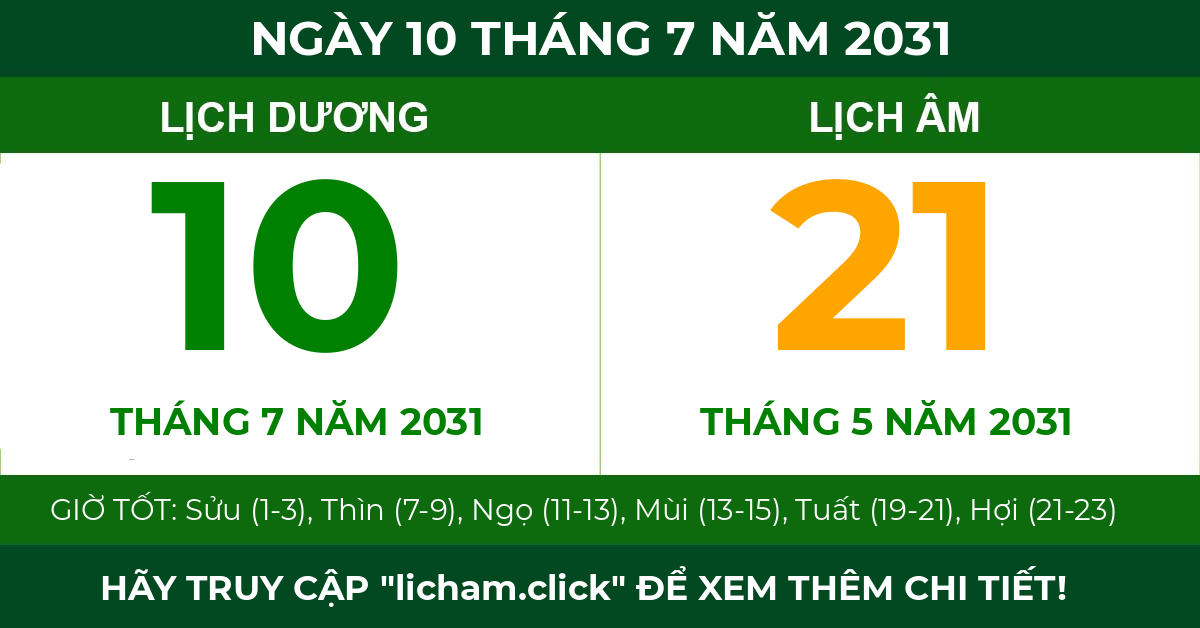 lịch âm ngày 10 tháng 7 năm 2031