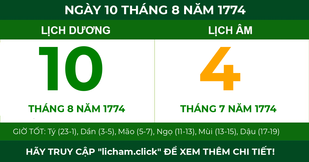 lịch âm ngày 10 tháng 8 năm 1774