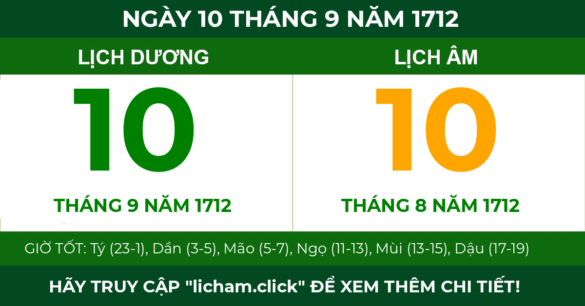 lịch âm ngày 10 tháng 9 năm 1712