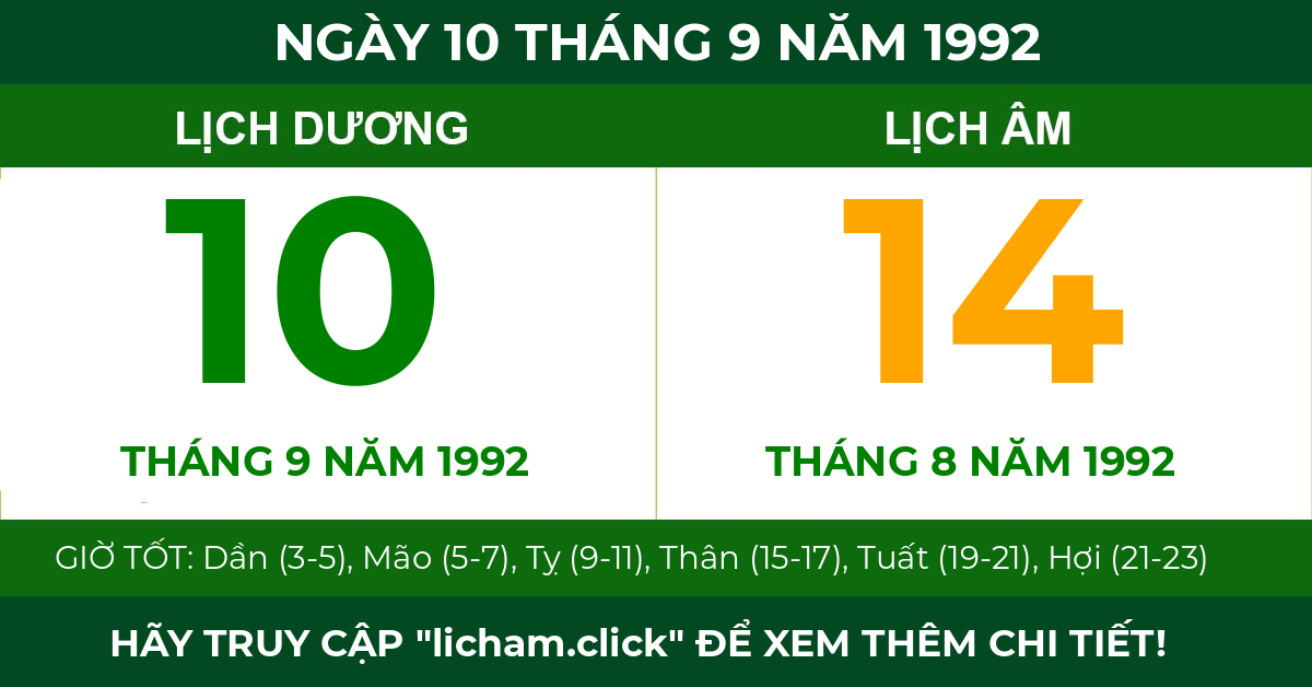 lịch âm ngày 10 tháng 9 năm 1992