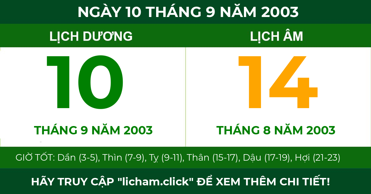 lịch âm ngày 10 tháng 9 năm 2003