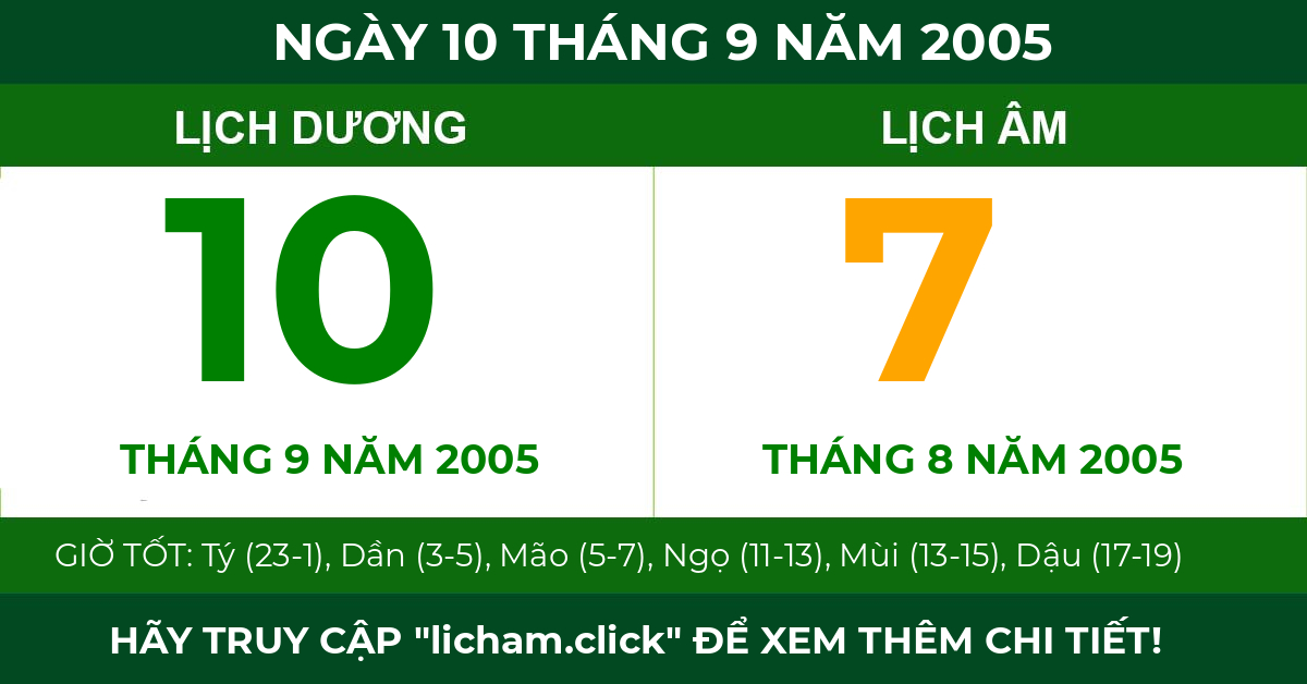 lịch âm ngày 10 tháng 9 năm 2005