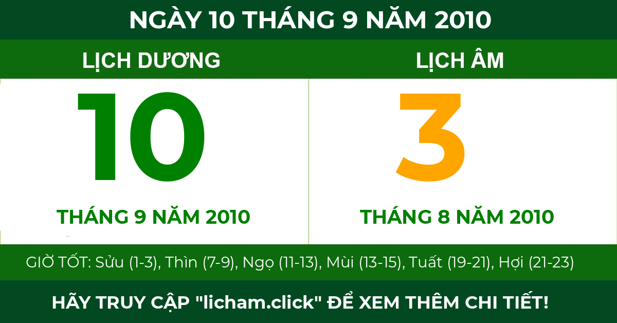 lịch âm ngày 10 tháng 9 năm 2010