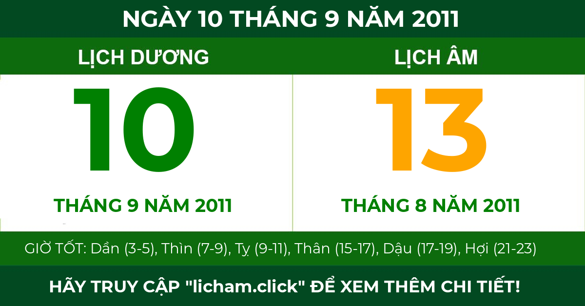 lịch âm ngày 10 tháng 9 năm 2011