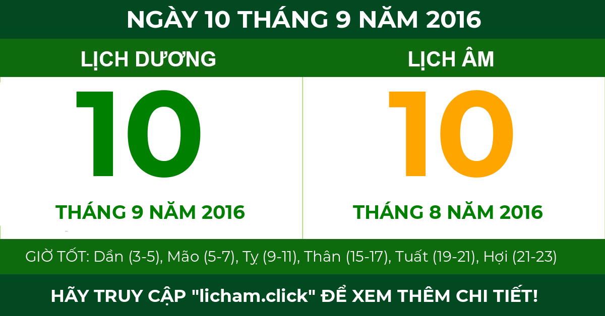 lịch âm ngày 10 tháng 9 năm 2016