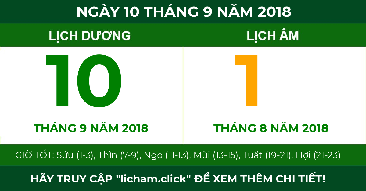 lịch âm ngày 10 tháng 9 năm 2018