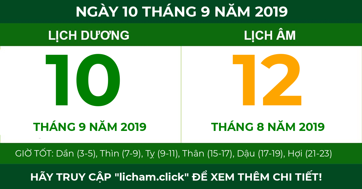 lịch âm ngày 10 tháng 9 năm 2019