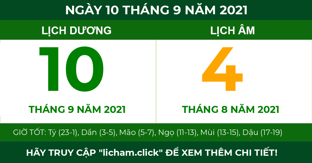 lịch âm ngày 10 tháng 9 năm 2021