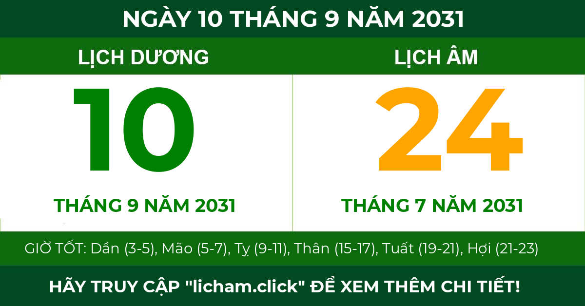 lịch âm ngày 10 tháng 9 năm 2031