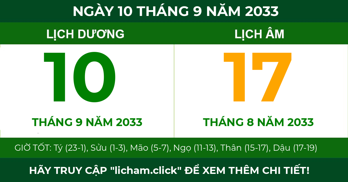 lịch âm ngày 10 tháng 9 năm 2033