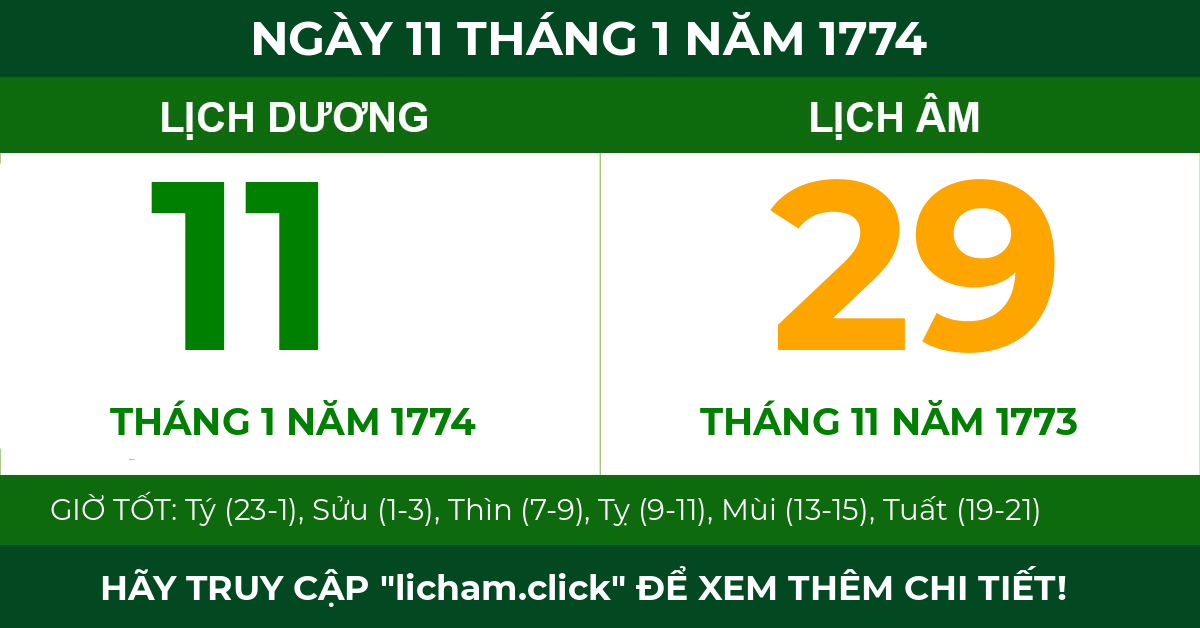 lịch âm ngày 11 tháng 1 năm 1774