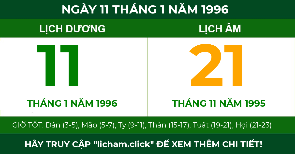 lịch âm ngày 11 tháng 1 năm 1996