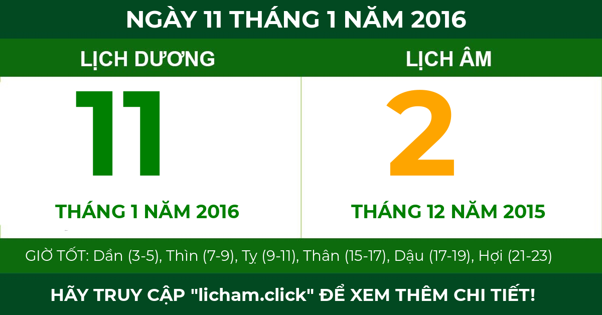lịch âm ngày 11 tháng 1 năm 2016