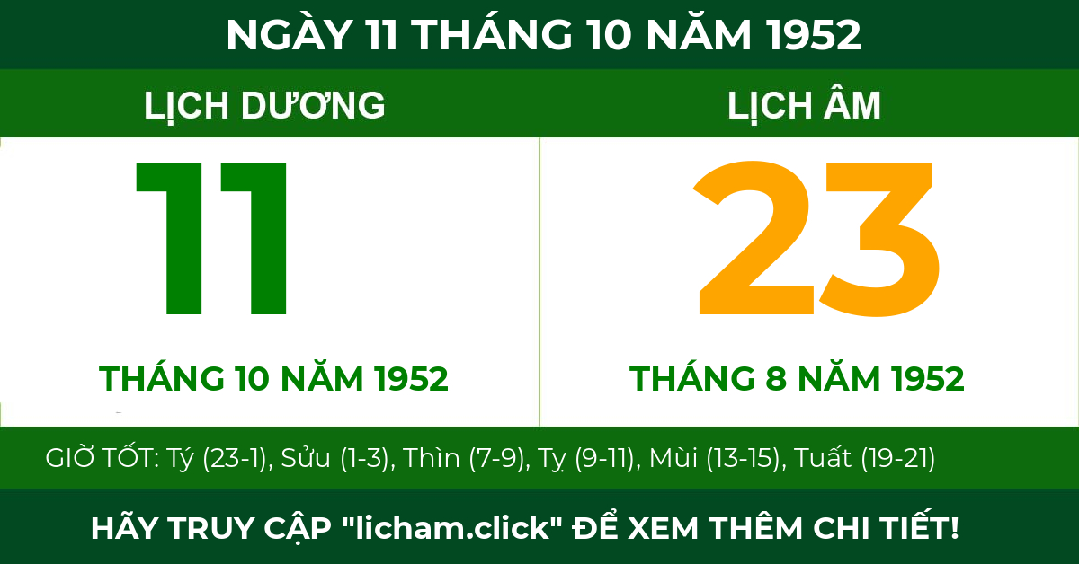 lịch âm ngày 11 tháng 10 năm 1952