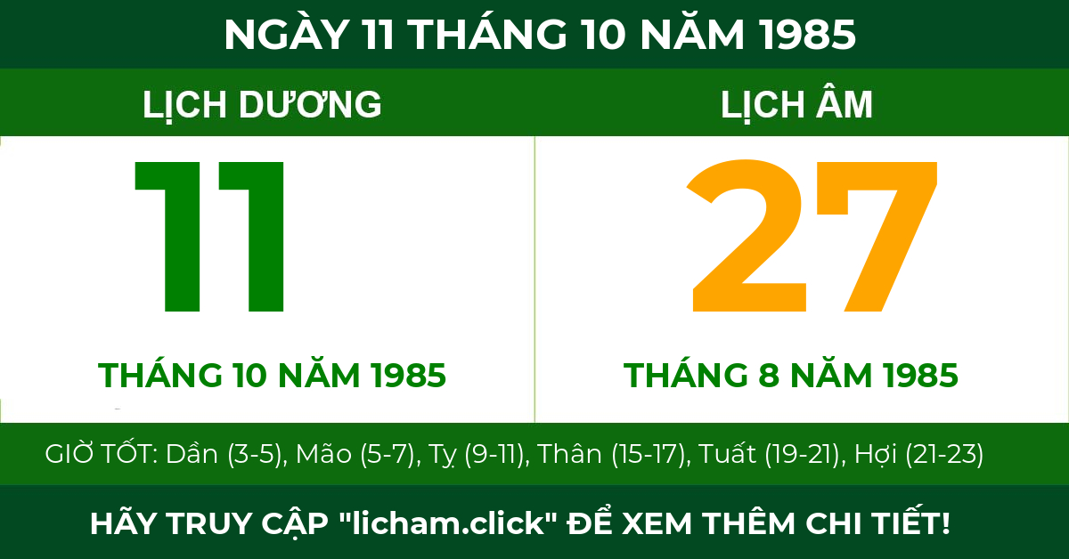 lịch âm ngày 11 tháng 10 năm 1985