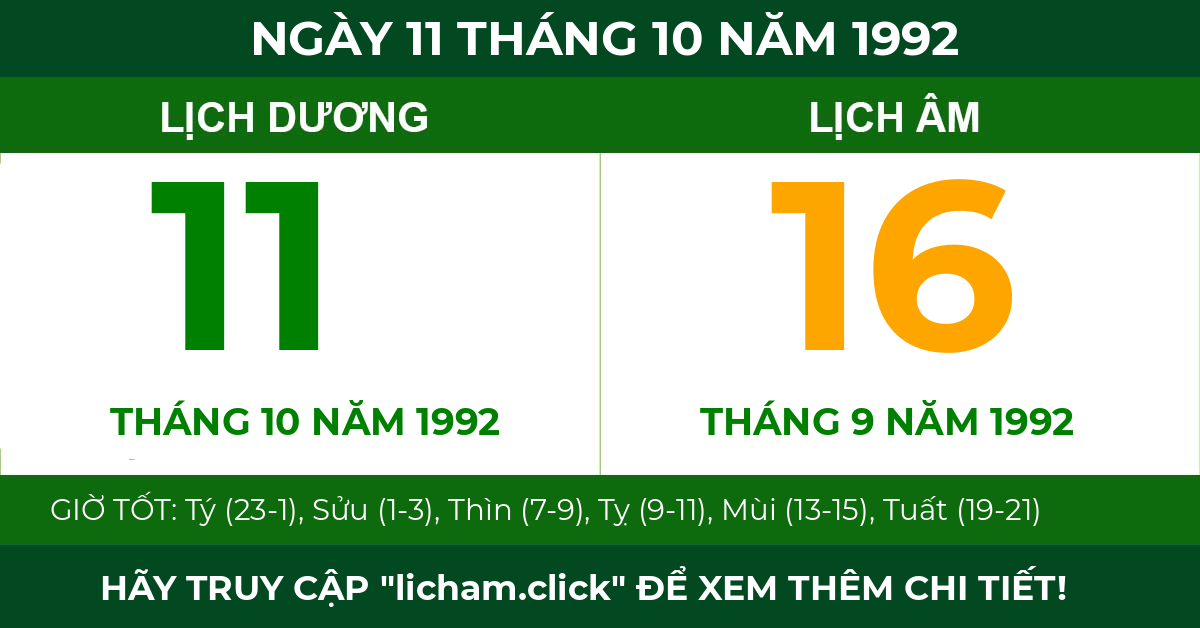 lịch âm ngày 11 tháng 10 năm 1992
