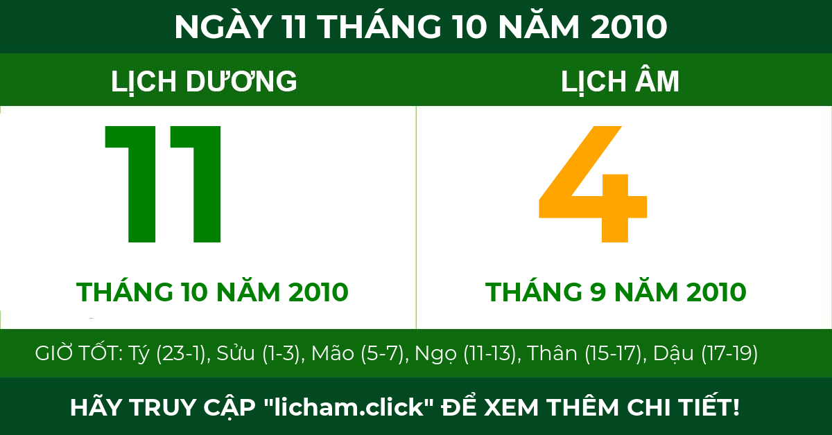 lịch âm ngày 11 tháng 10 năm 2010