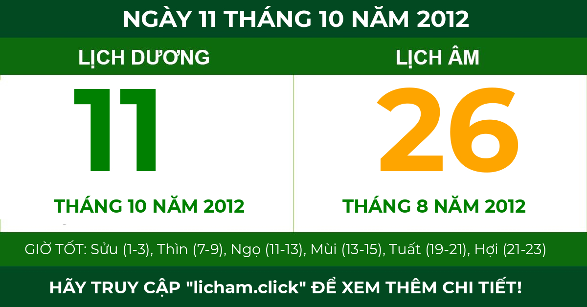 lịch âm ngày 11 tháng 10 năm 2012