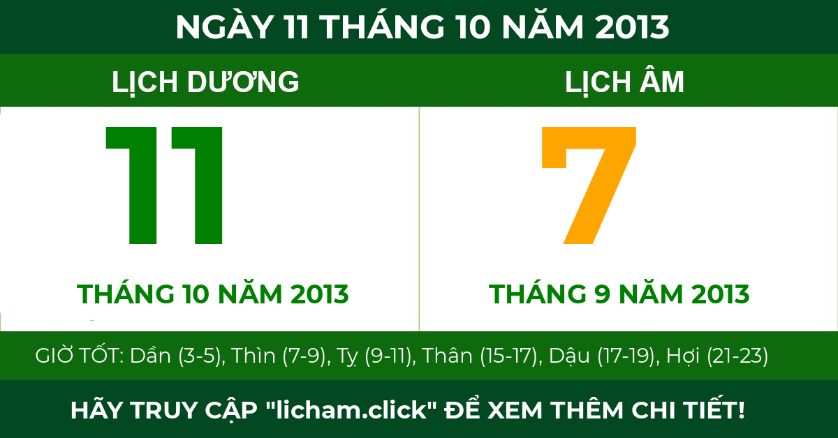 lịch âm ngày 11 tháng 10 năm 2013