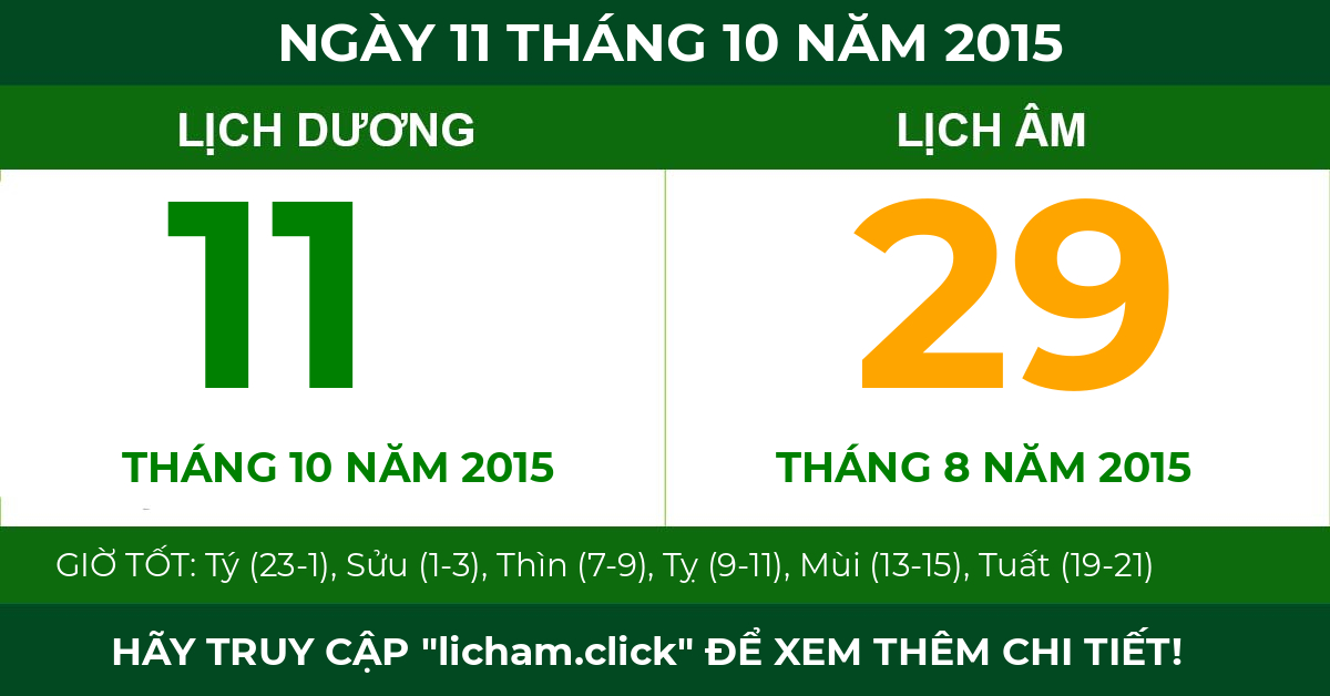 lịch âm ngày 11 tháng 10 năm 2015