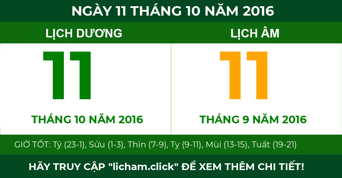 lịch âm ngày 11 tháng 10 năm 2016