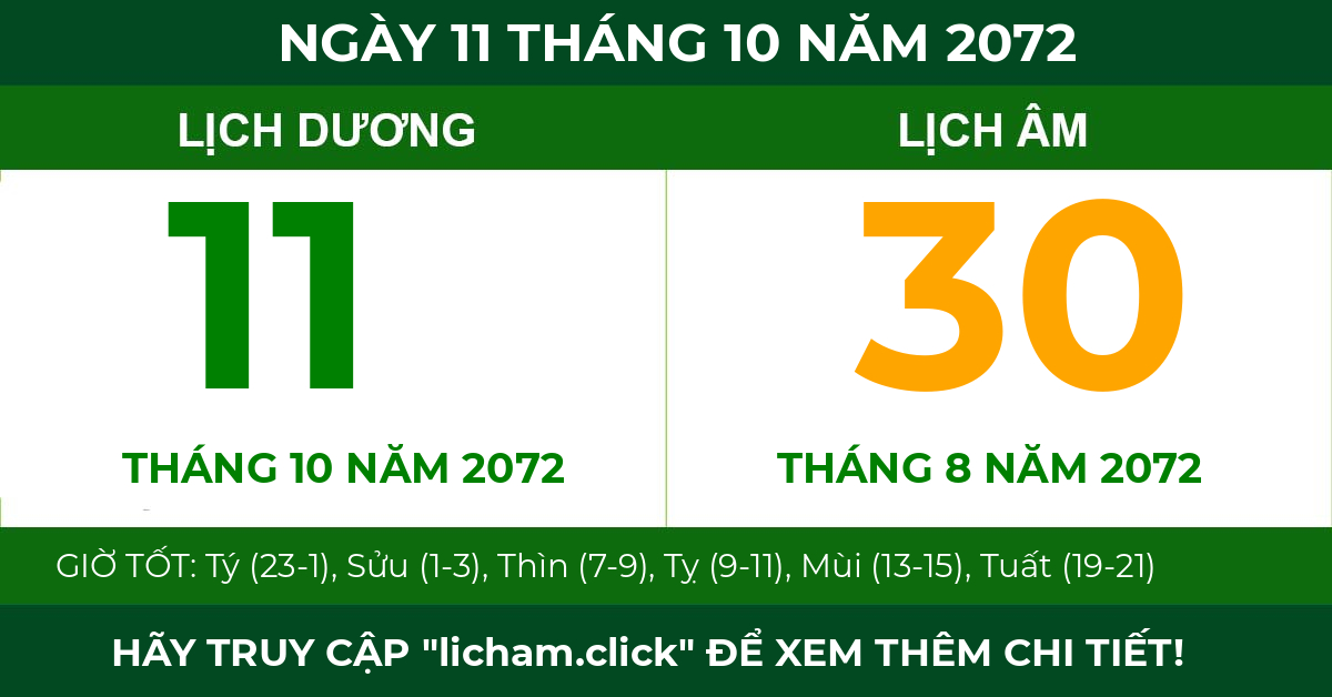 lịch âm ngày 11 tháng 10 năm 2072