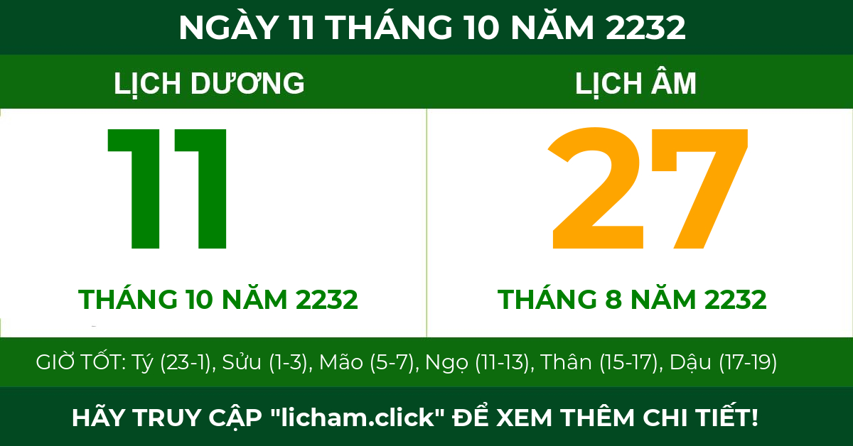 lịch âm ngày 11 tháng 10 năm 2232