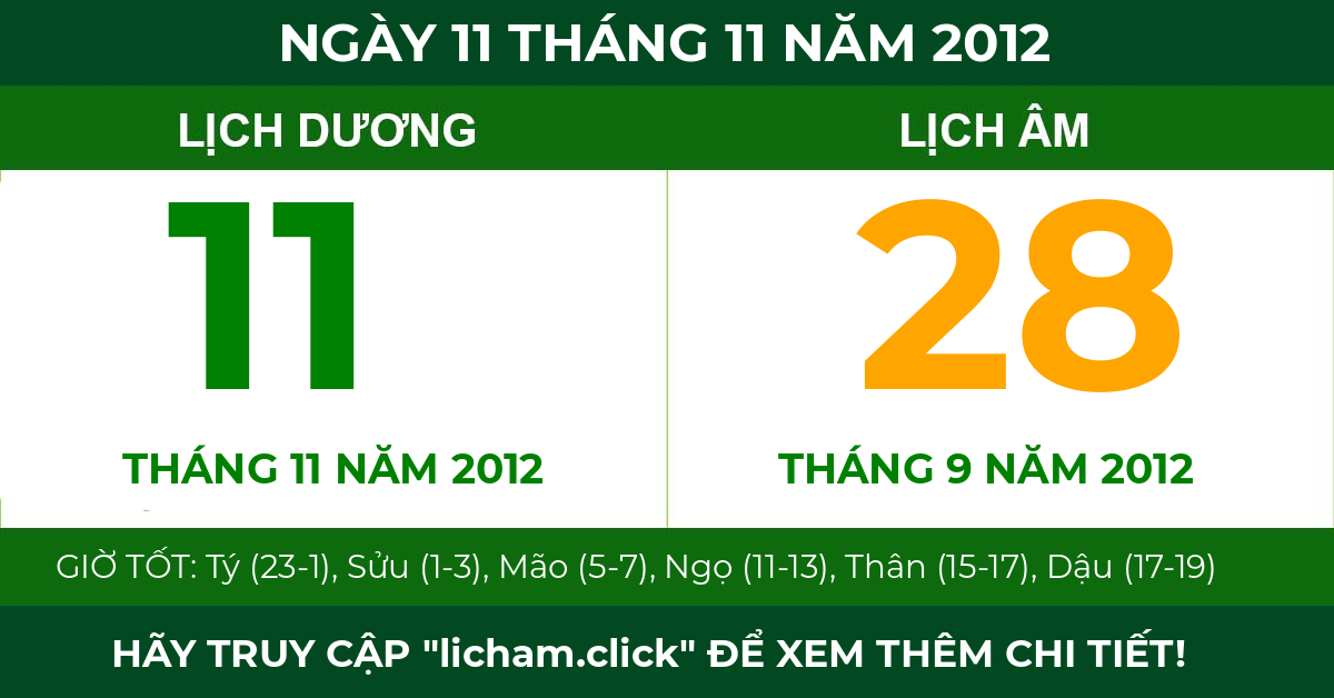 lịch âm ngày 11 tháng 11 năm 2012