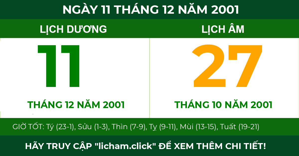 lịch âm ngày 11 tháng 12 năm 2001