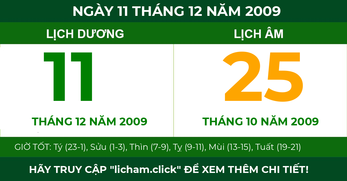 lịch âm ngày 11 tháng 12 năm 2009