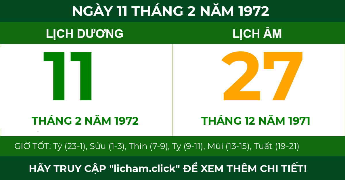 lịch âm ngày 11 tháng 2 năm 1972