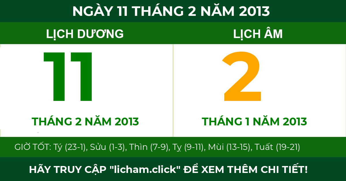 lịch âm ngày 11 tháng 2 năm 2013