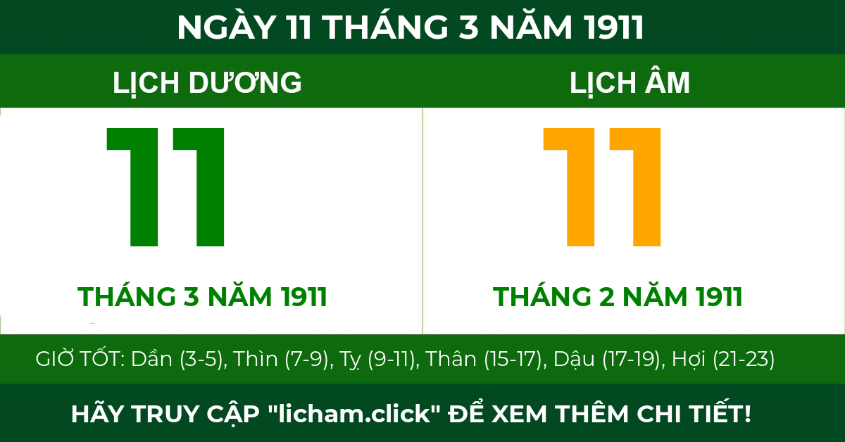 lịch âm ngày 11 tháng 3 năm 1911