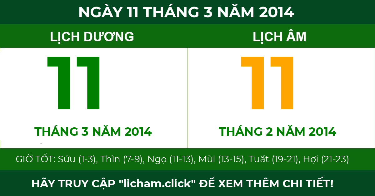 lịch âm ngày 11 tháng 3 năm 2014