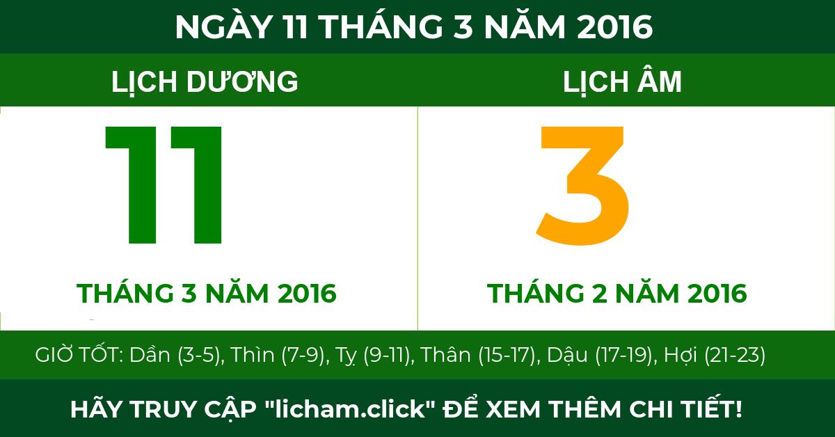 lịch âm ngày 11 tháng 3 năm 2016