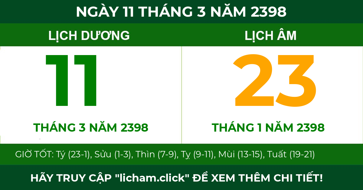 lịch âm ngày 11 tháng 3 năm 2398