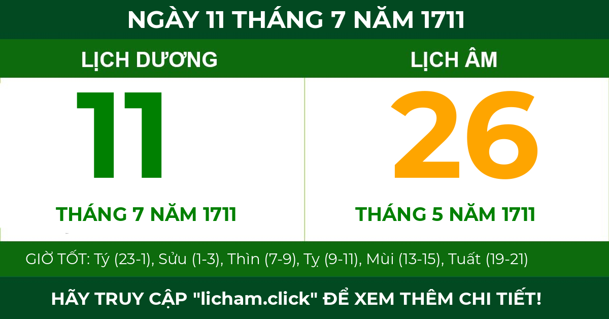 lịch âm ngày 11 tháng 7 năm 1711