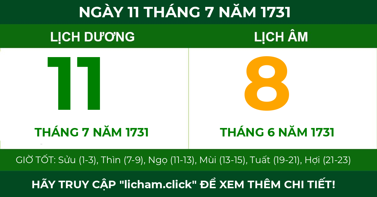 lịch âm ngày 11 tháng 7 năm 1731