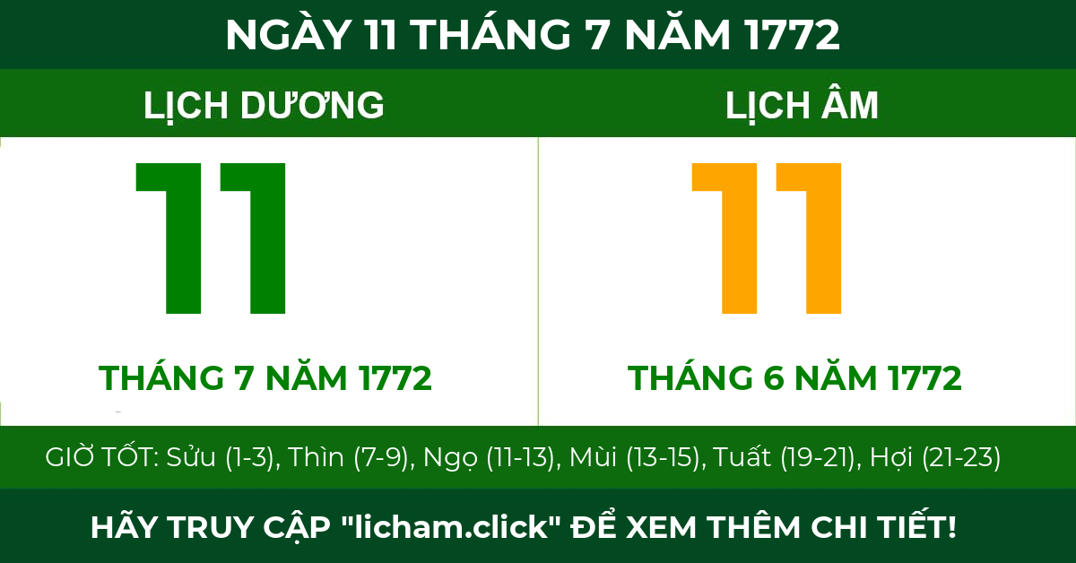 lịch âm ngày 11 tháng 7 năm 1772