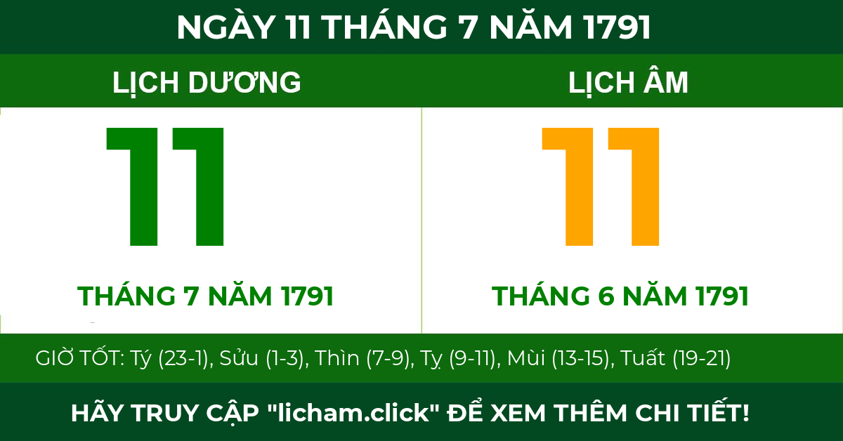 lịch âm ngày 11 tháng 7 năm 1791