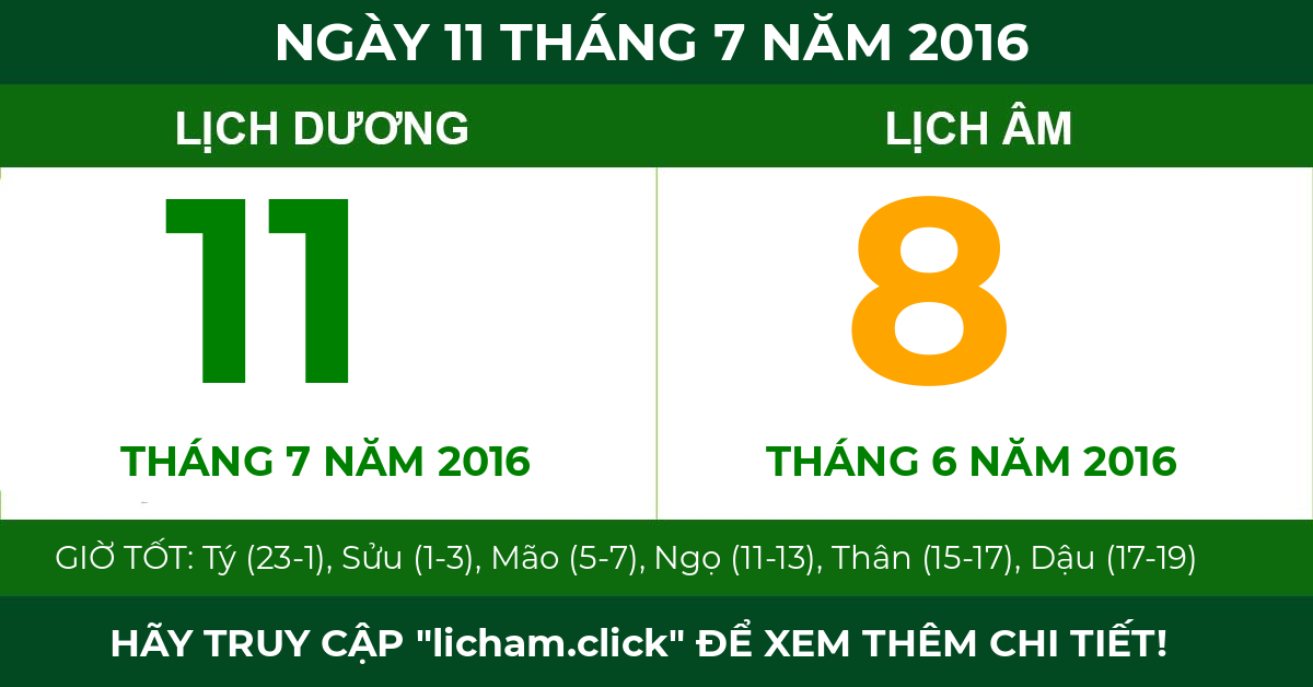 lịch âm ngày 11 tháng 7 năm 2016