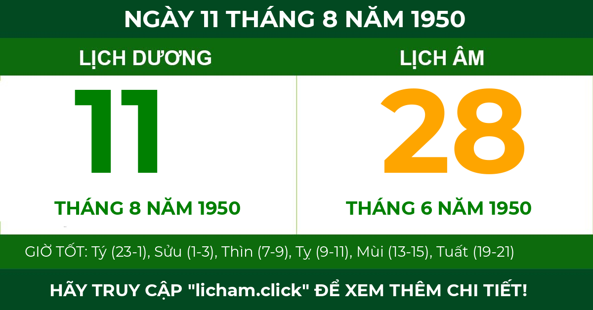 lịch âm ngày 11 tháng 8 năm 1950