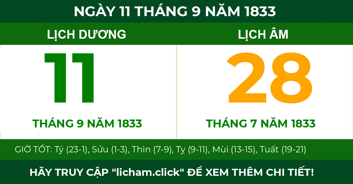 lịch âm ngày 11 tháng 9 năm 1833