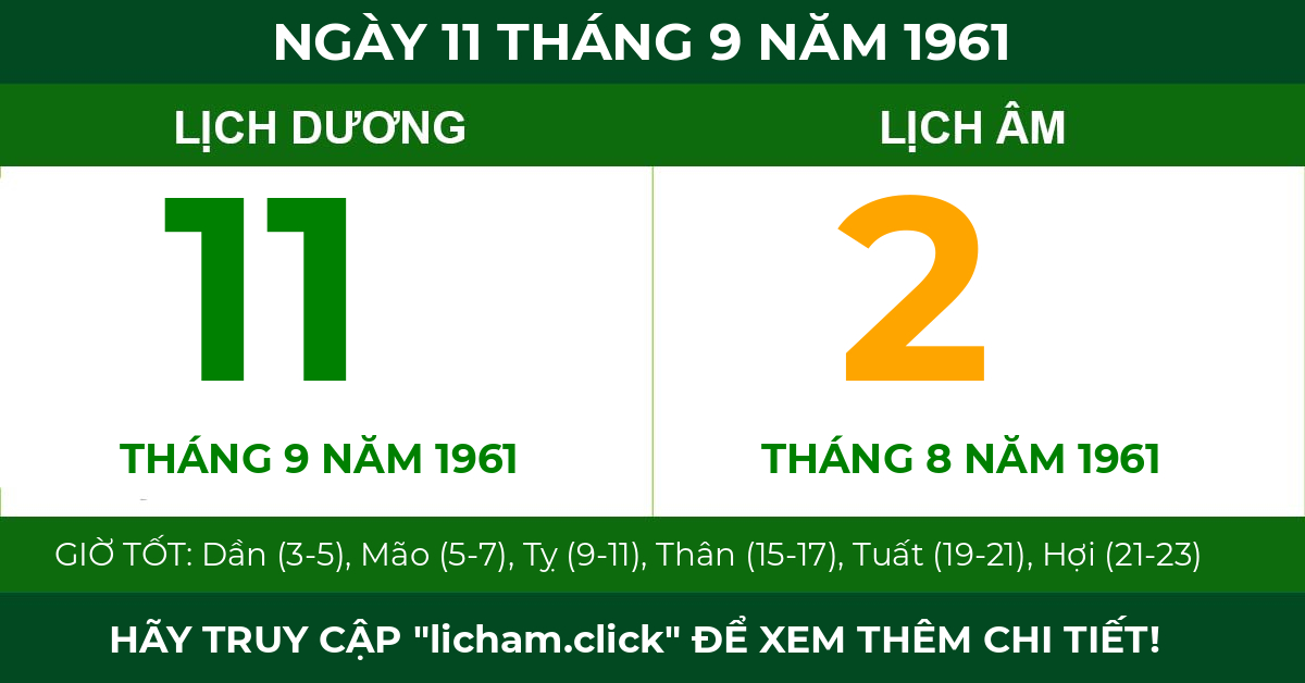 lịch âm ngày 11 tháng 9 năm 1961