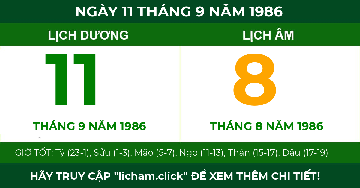 lịch âm ngày 11 tháng 9 năm 1986