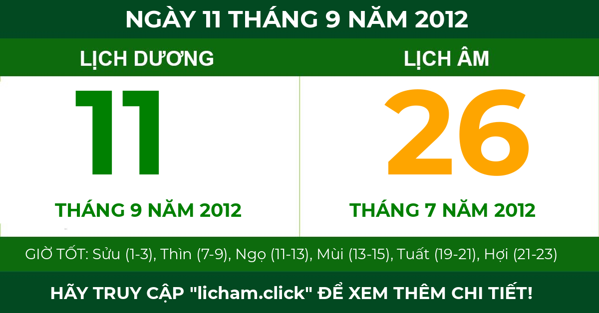 lịch âm ngày 11 tháng 9 năm 2012