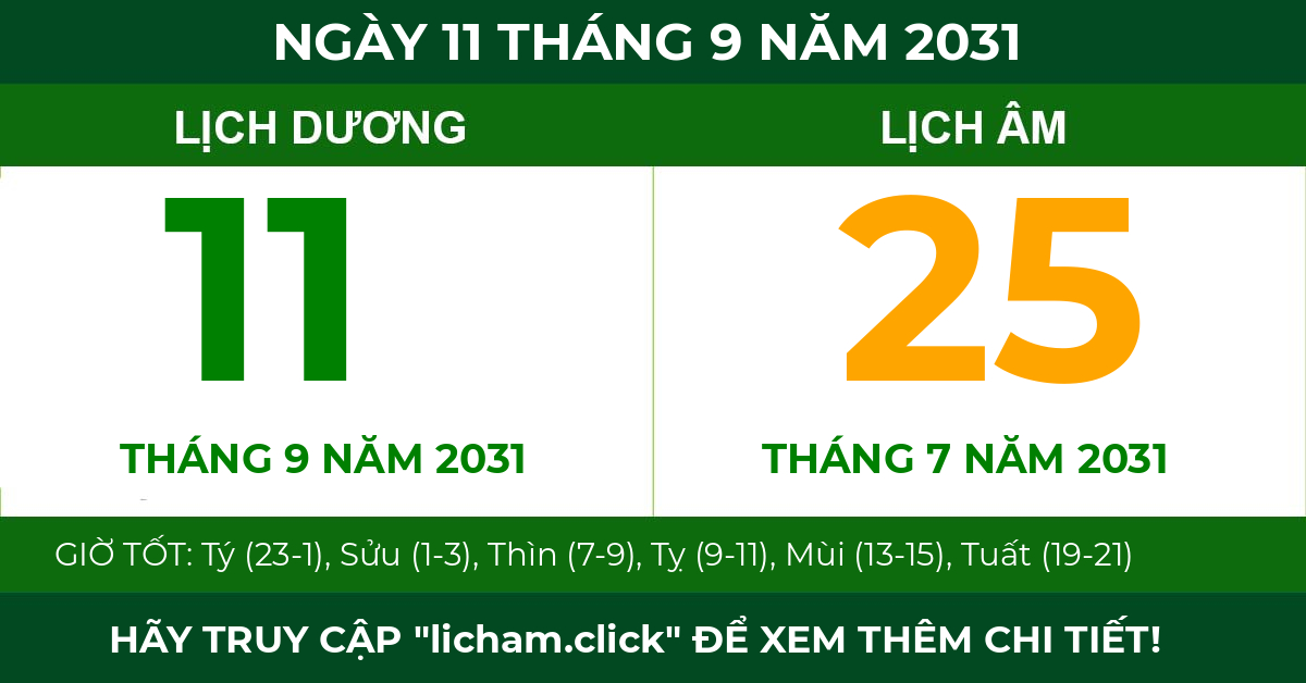 lịch âm ngày 11 tháng 9 năm 2031