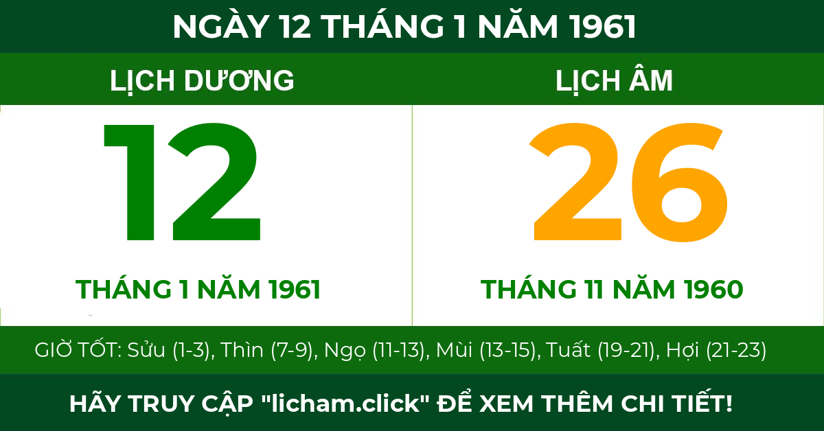 lịch âm ngày 12 tháng 1 năm 1961