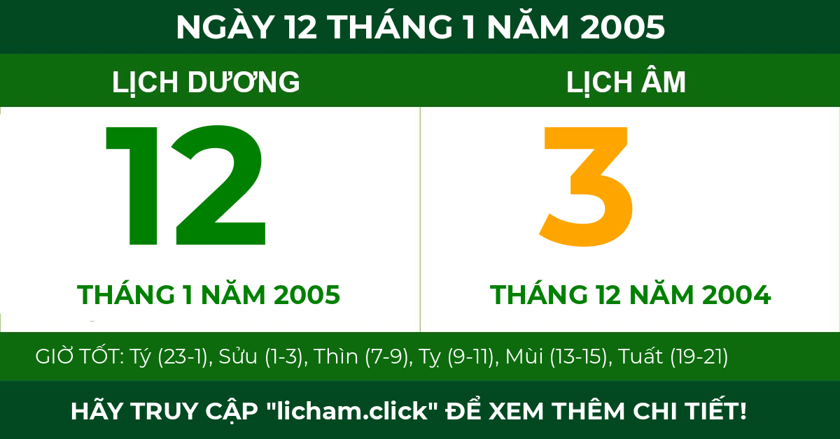 lịch âm ngày 12 tháng 1 năm 2005
