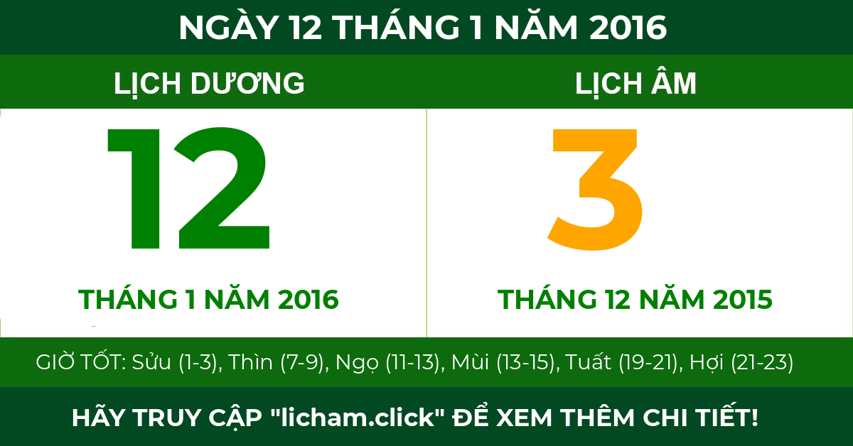 lịch âm ngày 12 tháng 1 năm 2016